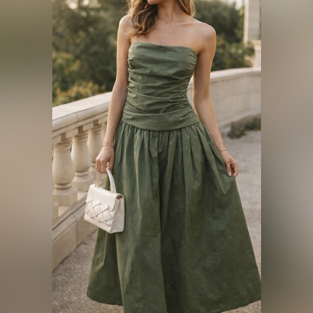 REVOLVE | Camila Coelho Strapless Olive Dress | XS